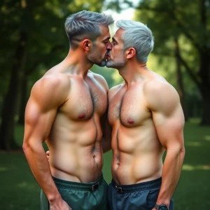 Two men kissing both men have gray hair and have muscles in the...