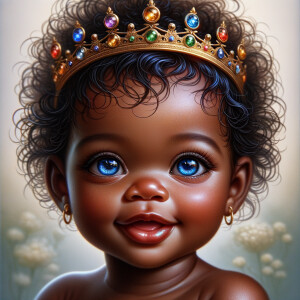 "Create a digital portrait of an adorable african-American baby girl with a joyful expression. She is wearing a gold crown with colorful jewels. Her big, bright blue eyes are wide with wonder, and her tiny mouth is shaped in a happy grin. Her skin has a warm, honey-brown tone, and she has an abundance of thick curly black hair, The background is soft and neutral to keep the focus on her delightful features. The portrait should be vibrant and heartwarming, celebrating the innocence and charm of childhood."