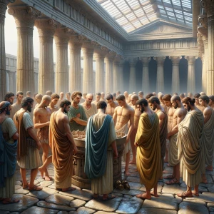 A scene depicting a group of young Greek male concubines standin...