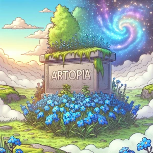 Pastel cartoon painting of a stone "ARTOPIA" monument surrounded...