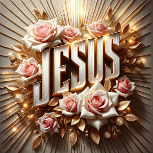 Create an elegant and celebratory image that radiates warmth and grace. At the forefront, craft the word "JESUS" in bold, 3D lettering with a luxurious mix of metallic sheen and white enamel, giving it a raised, tangible feel. Surround the text with a bouquet of beautifully rendered soft pink roses in full bloom, exuding a sense of peace and love. Include accents of gold leaf and small, radiant gemstones that gently scatter light. The backdrop should feature a radiant halo of golden rays emanating outward, enhancing the composition's divine atmosphere. The overall design should convey a sense of reverence and the beauty of faith, all harmoniously balanced and rich in texture.