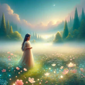 A young girl standing in a meadow filled with hazy, glowing flowers and a gentle, misty sky