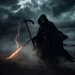 A menacing Grim Reaper with tattered black robes, sharp scythe,...
