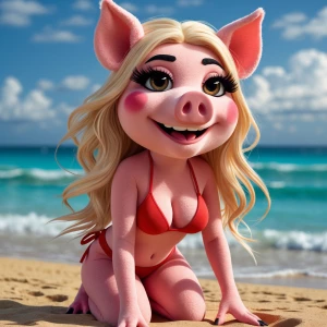 A glamorous anthropomorphic female pig character, plush Muppet-s...