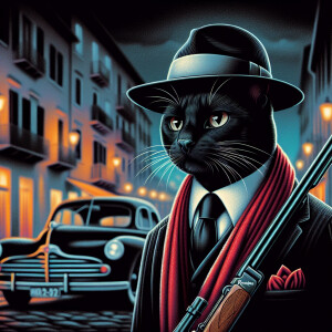 cat in funeral clothes, fedora hat, red scarf in pocket, Remingt...