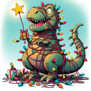 A cartoon T-Rex in a tangled mess of Christmas lights and orname...
