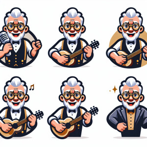 Happy old man playing guitar and singing but add black and gold...