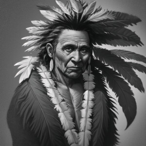 A hyper real  black-and-white picture of an old American Indian...