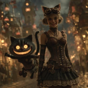 Alice in a steampunk world — wearing brass goggles, a leather co...