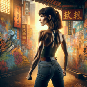 Athletic Thin skinny Attractive, Asian teenage girl, long brown hair and bangs, wearing tight skinny jeans and a halter top paint marks on her clothing, heroic pose Asian graffiti background,  backside view