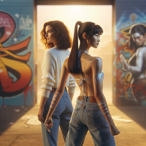 Athletic Thin skinny Attractive, Asian teenage girl, long brown hair and bangs, wearing tight skinny jeans and a halter top paint marks on her clothing, heroic pose Asian graffiti background, backside view