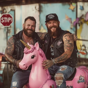 Two men, both with visible tattoos and wearing biker-style cloth...