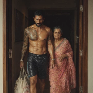 Hyperrealistic art,realism.a gujarati muscular beefy bearded tat...