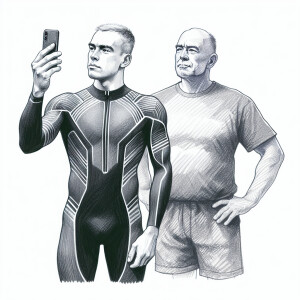 Idealized posed fit Caucasian triathlete male couple, father and...