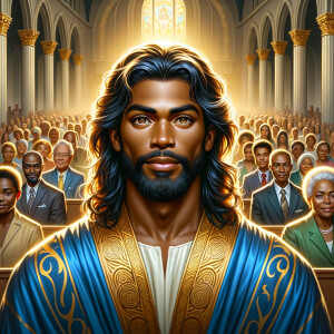 Illustrate an inspiring African-American Jesus crust with a dign...