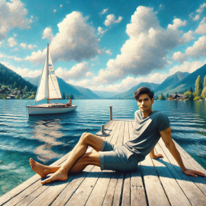 Realistic, oil painting Of a young man Sitting on a dock, Man is...