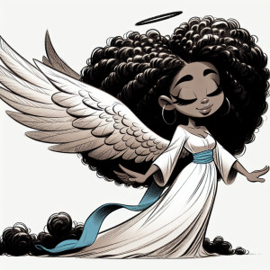 Illustrate a young Black woman with angelic wings and long Afro-...