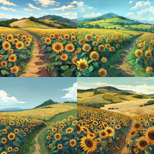 2.5D scene showcasing a sunflower field. The foreground should p...