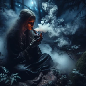 "In a secluded, shadowy forest clearing, a mysterious witch sits quietly, wreathed in mist and moonlight. Her slender fingers hold a smoldering herbal pipe, from which she draws a fragrant, intoxicating smoke. The tendrils of vapor curl and twist around her, forming ghostly shapes that flicker and dissolve in the cold night air. Her eyes, illuminated by the glow of the pipe, glint with otherworldly knowledge and secrets untold. The atmosphere is thick with an unnerving aura, as if the woods themselves hold their breath, watching and waiting for her next spectral incantation."