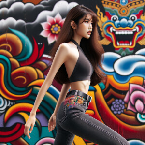 Very thin Athletic Thin skinny Attractive, Asian teenage girl, long brown hair and bangs, wearing tight skinny jeans and a halter top paint marks on her clothing, sitting side view heroic pose Asian graffiti