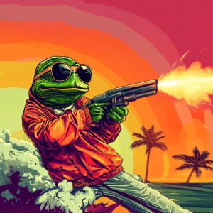 MEME PEPE in GTA art style, Pepe is firing a rocketlauncher, in...
