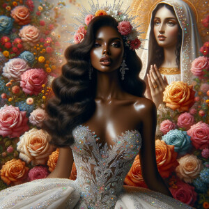 Visualize a stunning bride with a rich blend of african-American Latino heritage, her skin glowing with a soft, warm hue. Her elegant gown, a masterpiece of design, is intricately adorned with sparkling jewels that catch the light with every movement, creating a mesmerizing effect. Her long, wavy dark hair frames her face beautifully, enhancing her radiant beauty. Behind her, the backdrop is alive with an explosion of colorful flowers, each petal and leaf adding vibrancy to the scene. Amidst this floral abundance, the serene face of a brown Jesus is subtly integrated into the background, bestowing a sense of divine grace and tranquility to the composition. This image captures a moment of exquisite beauty, spiritual depth, and the celebration of love. Face of a African-American Jesus should be in the background.