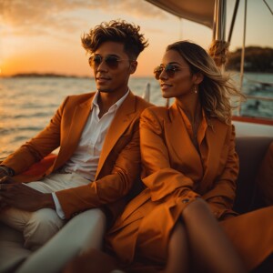 Give me a female and male model sitting on a yacht with a sunset...