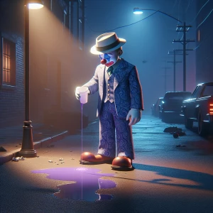 "Under  a dimly lit streetlight, a gangster clown stands alone,...