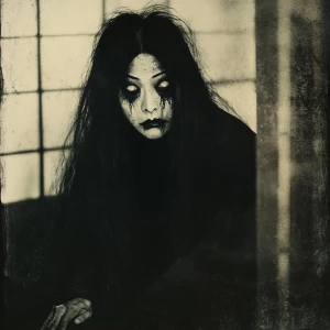 Old grainy photo of a horrific Japanese yurei with dark black ha...