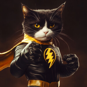 An anthropomorphic tuxedo cat dressed in a fitted flash costume,...