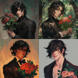 Beautiful man holding roses, smilling, black hair, green eyes, b...