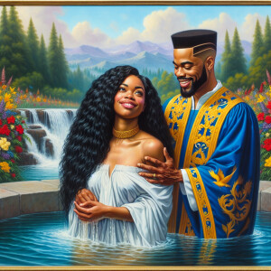 An oil painting depicting a light-skinned African-American pasto...