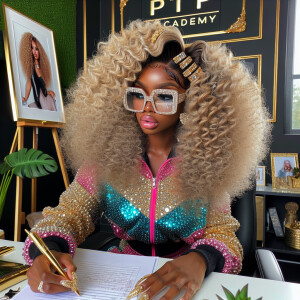 Compose a glamorous bedazzled African American woman with volumi...