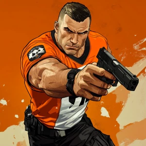 Create an image of a muscular character dressed in an orange and...