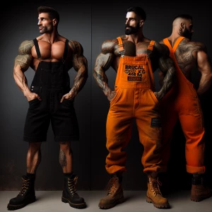 Two muscular men are posing closely together, showcasing intrica...