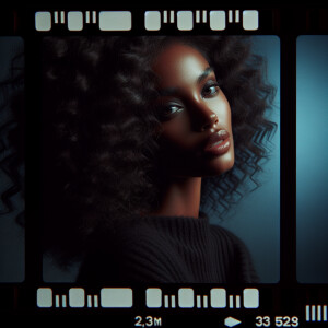 Black skin woman, mid 20s, curly hair, encapsulated in a 35 mm f...