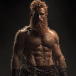 Generate an image of a muscular, Viking-inspired man resembling...
