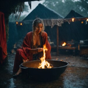 A drenched Wench torn clothes  at a pirate hideaway siting by a...