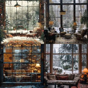 A nice house in the living room see through window snowing