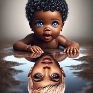 A curious cute african-American, baby with huge blue eyes and cu...