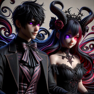 A girl named lilith with elegant gothic lolita dress sit beside Handsome Lucifer with Black Horn, Msyterious Aura of Black Red Purple, Lilith and Lucifer evil smirk, glowing eyes, 3D Humanlike, High Res