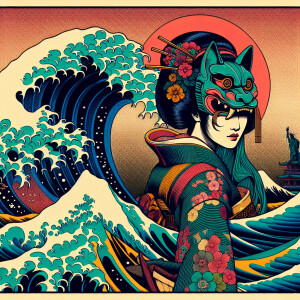 A woman with kitsune mask wearing a kimono