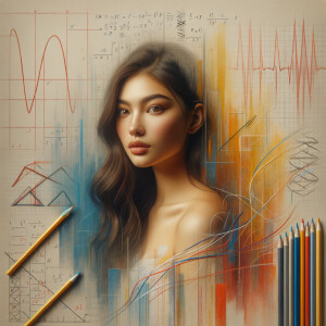 Abstract, minimalist, painting, with pencil line, paint stroke, gestures, colorful marks, mathematical equations, electrical cardiogram, printouts complex math formulas, dna asian teen girl