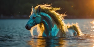 In the golden hour's warm glow, a kelpie of ethereal beauty emer...