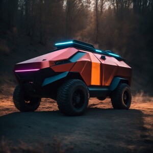 Design a Cybertruck with clean, angular lines, a stainless-steel...