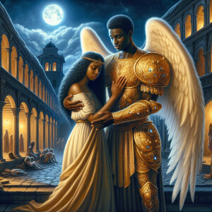Create an oil painting image featuring a male angel and a grievi...