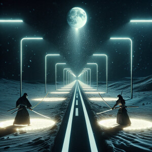 lunar midnight, a long two-lane road, high modern road lights ar...