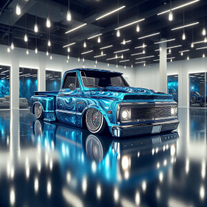 Heavily modified lowrider truck with metallic blue liquid static...