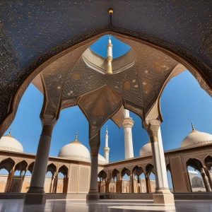 A single dome with a crescent moon finial, set against a clear blue sky.