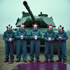 "In a somber, desolate field, a line of sad clowns stands forlor...